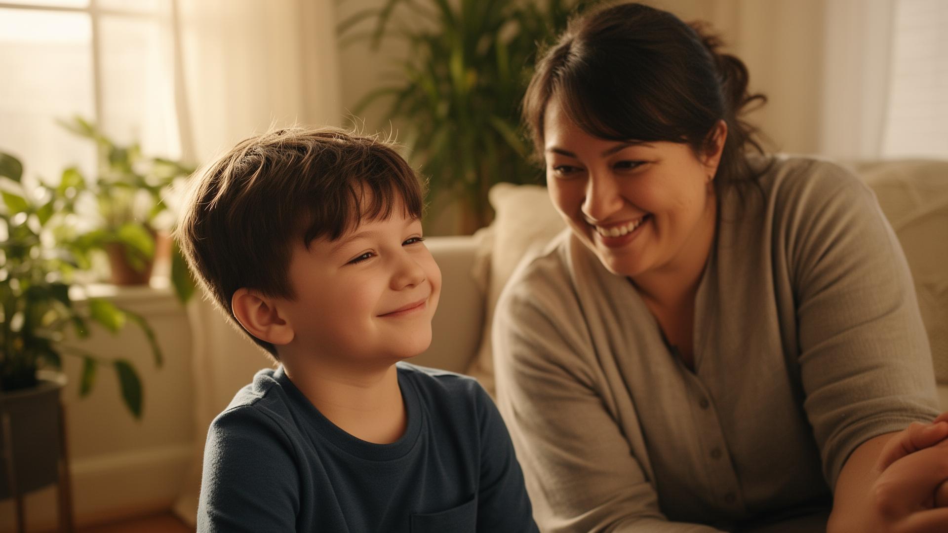 A caregiver and an autistic child sharing a warm, joyful moment at home
